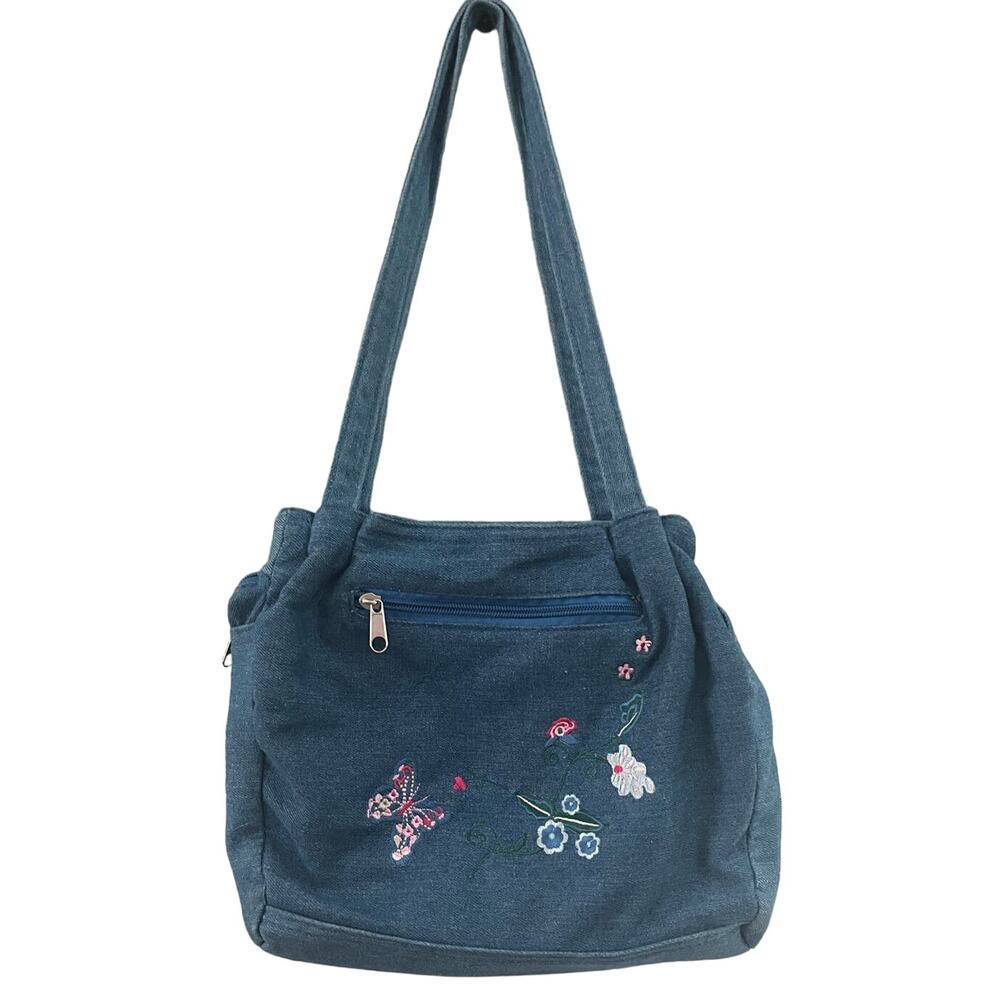 Vintage 80’s Blue Denim Floral Butterfly Embroidered Purse Shoulder Bag